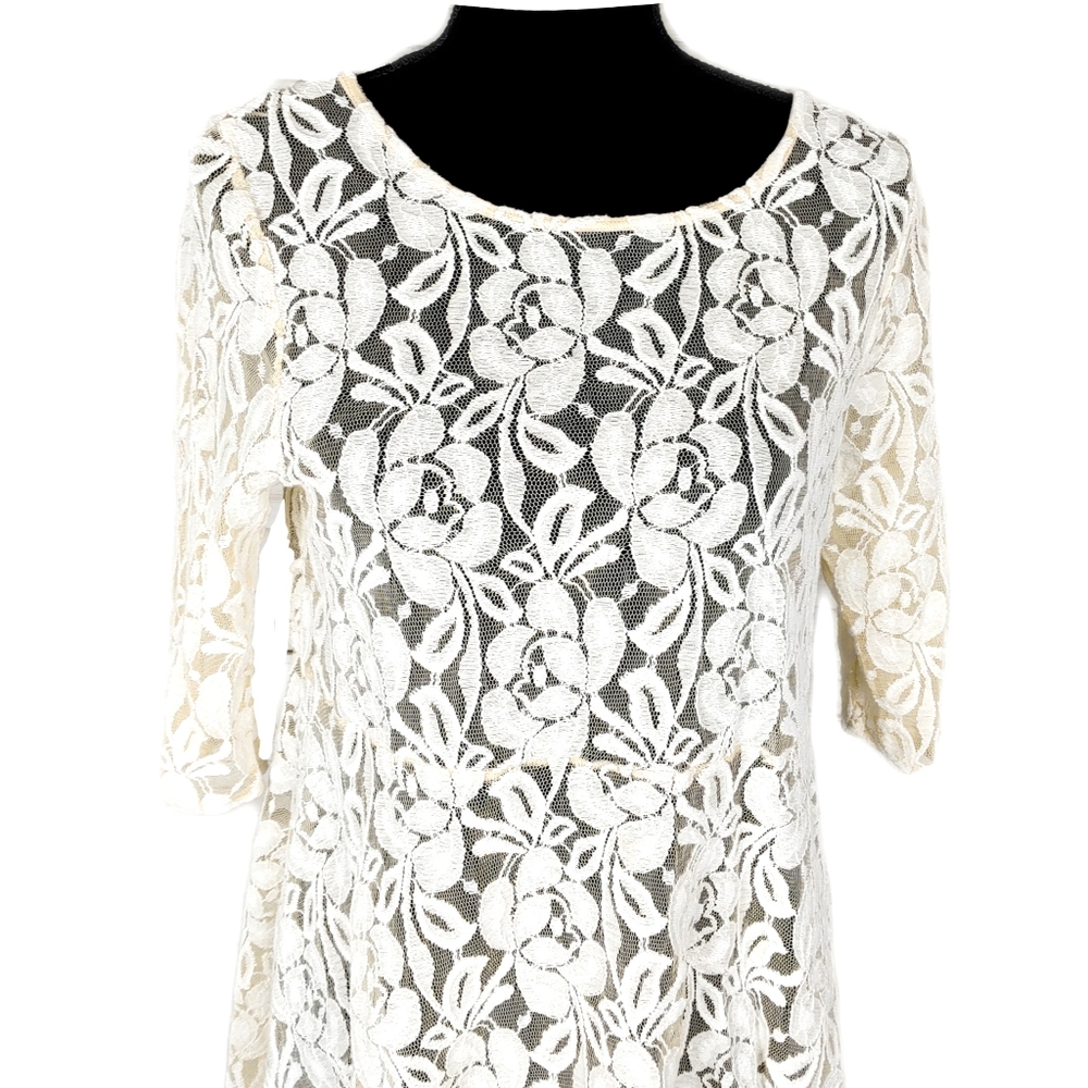 Free People EUC Wmn M Ivory Lace Overlay 3/4 Sleeves Skater Dress - Picture 4 of 6